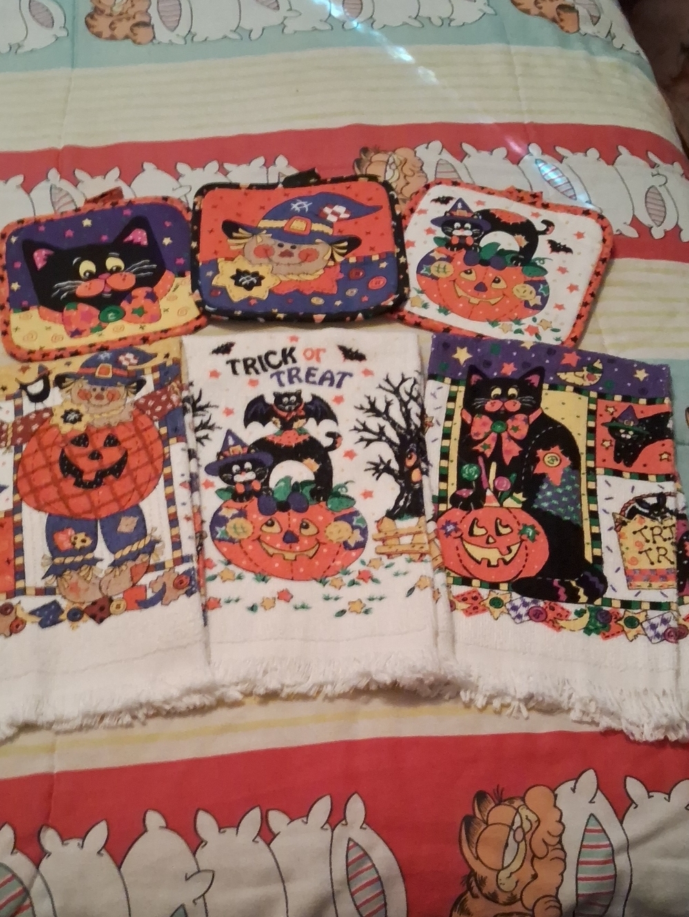 Vintage,Halloween Kitchen Towels and Pot Holder Sets - Orange,Black,Purple🍁🍂🎃
